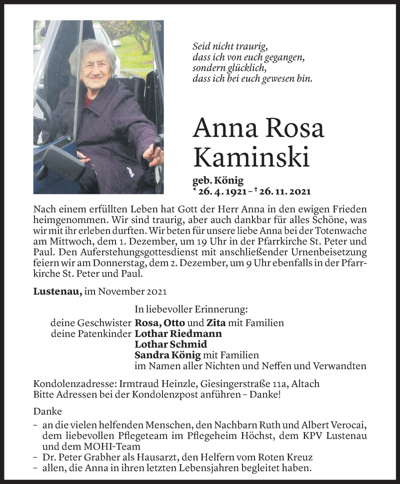  Todesanzeige für Anna Rosa Kaminski vom 29.11.2021 aus Vorarlberger Nachrichten