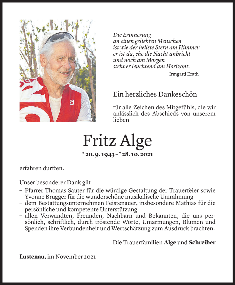  Todesanzeige für Fritz Alge vom 26.11.2021 aus Vorarlberger Nachrichten