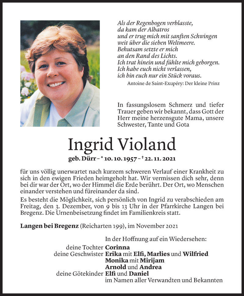  Todesanzeige für Ingrid Violand vom 01.12.2021 aus Vorarlberger Nachrichten