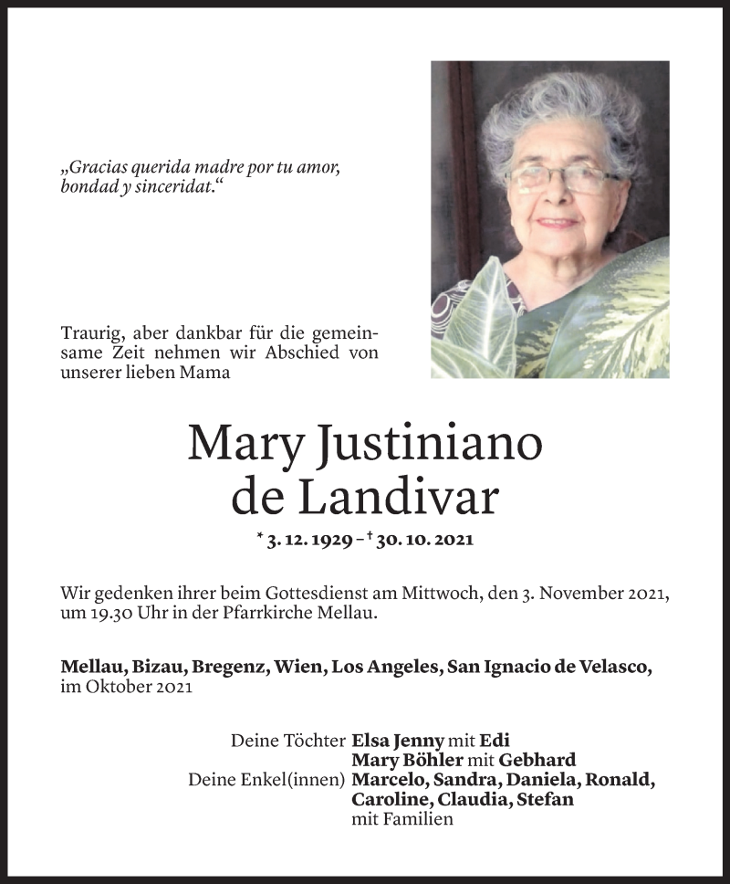  Todesanzeige für Mary Justiniano de Landivar vom 01.11.2021 aus Vorarlberger Nachrichten