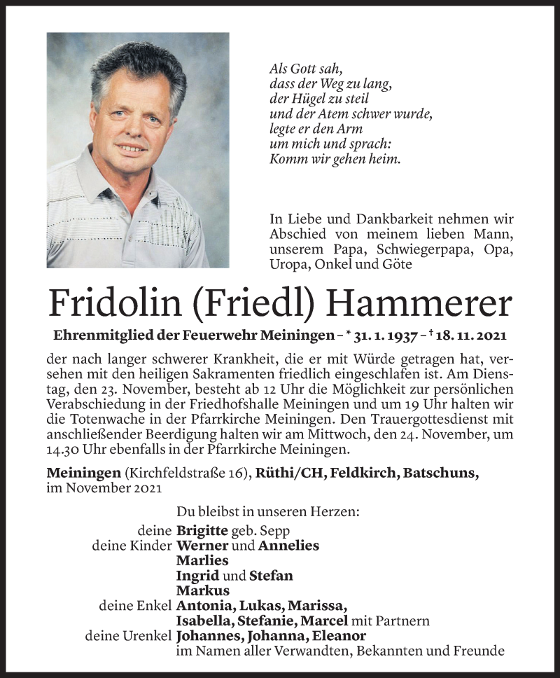  Todesanzeige für Fridolin Hammerer vom 19.11.2021 aus Vorarlberger Nachrichten