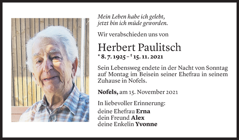  Todesanzeige für Herbert Paulitsch vom 19.11.2021 aus Vorarlberger Nachrichten