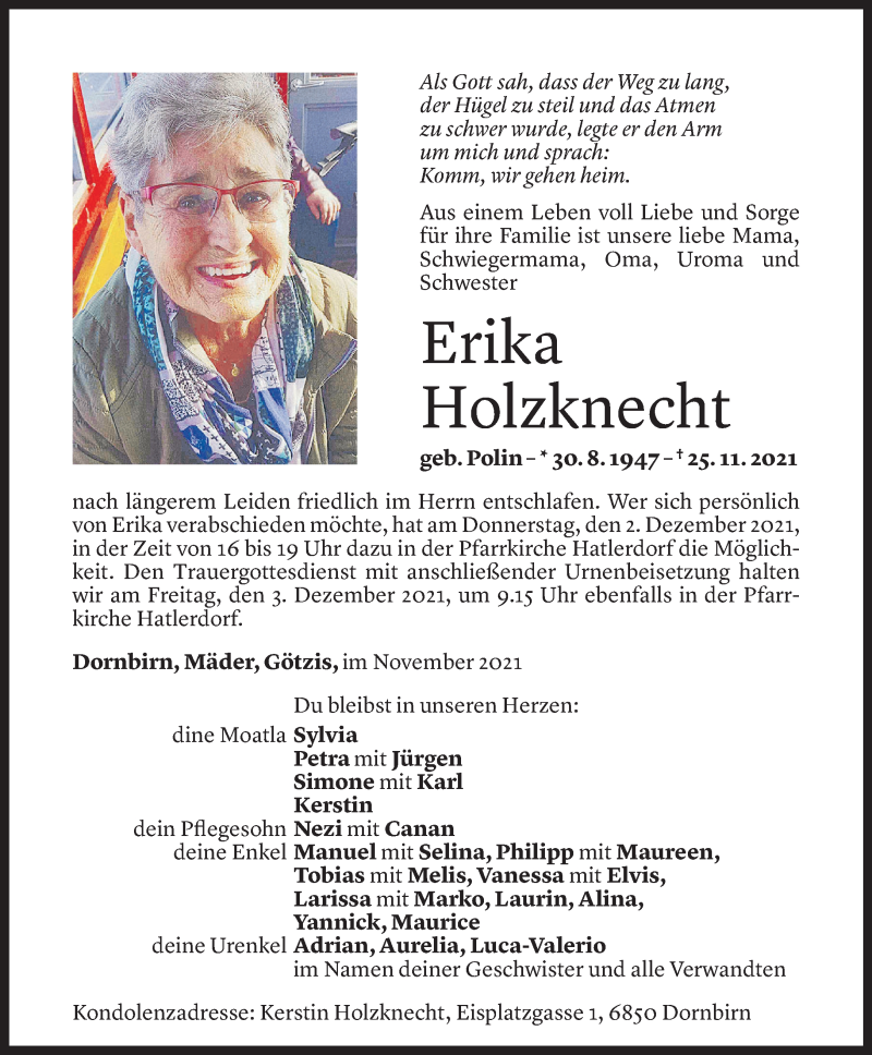  Todesanzeige für Erika Holzknecht vom 28.11.2021 aus Vorarlberger Nachrichten