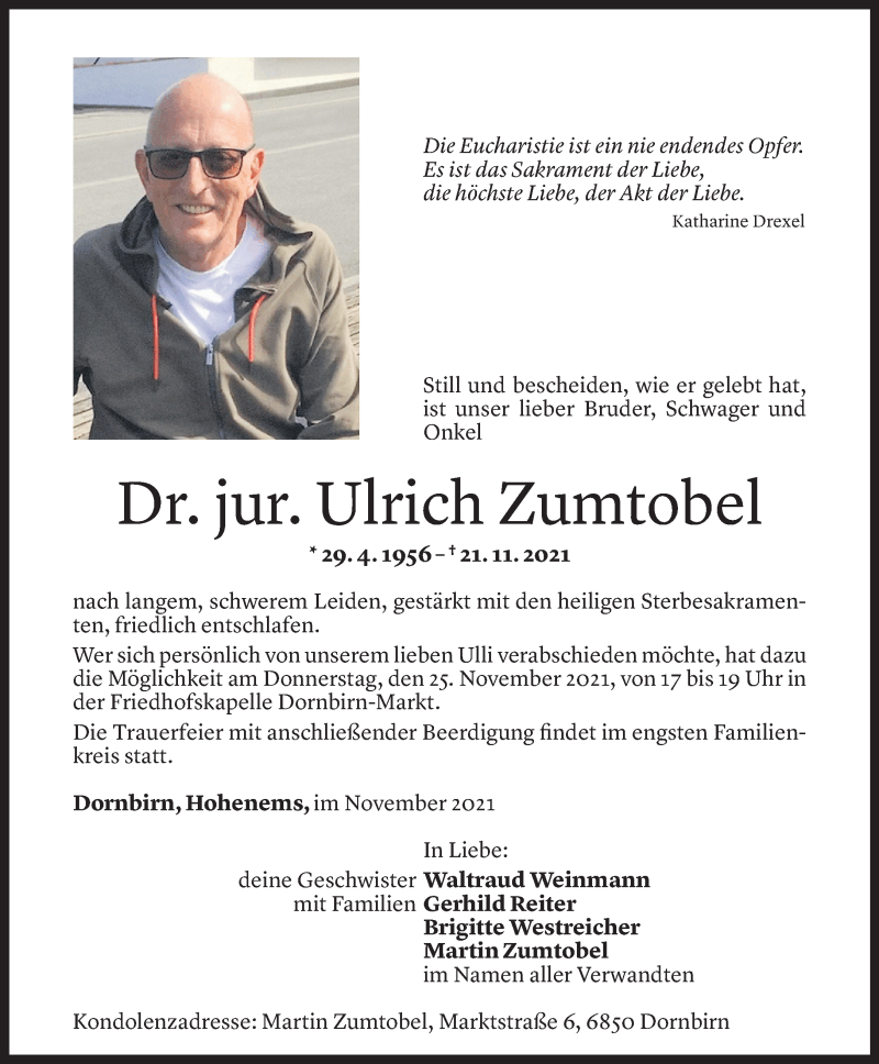  Todesanzeige für Ulrich Zumtobel vom 23.11.2021 aus Vorarlberger Nachrichten