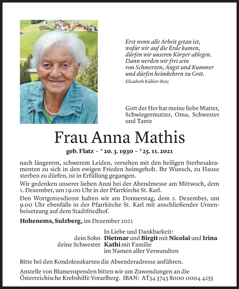  Todesanzeige für Anna Mathis vom 29.11.2021 aus Vorarlberger Nachrichten