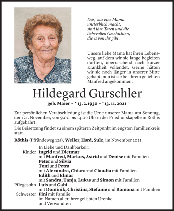 Todesanzeigen von Hildegard Gurschler | Todesanzeigen Vorarlberger ...