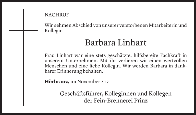  Todesanzeige für Barbara Linhart vom 08.11.2021 aus Vorarlberger Nachrichten