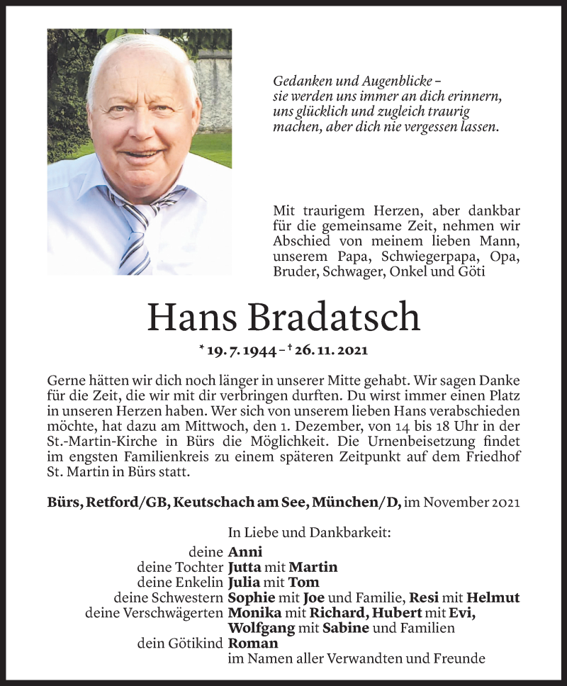  Todesanzeige für Hans Bradatsch vom 30.11.2021 aus Vorarlberger Nachrichten