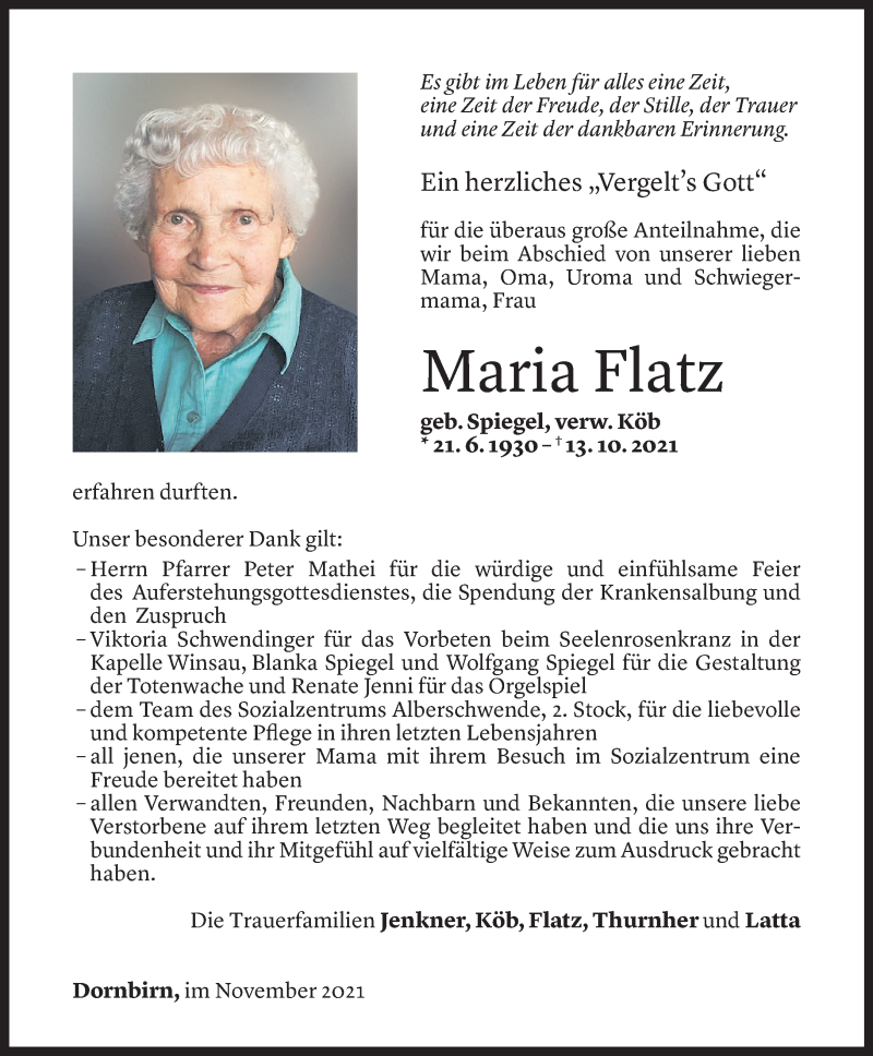 Todesanzeige für Maria Flatz vom 12.11.2021 aus Vorarlberger Nachrichten