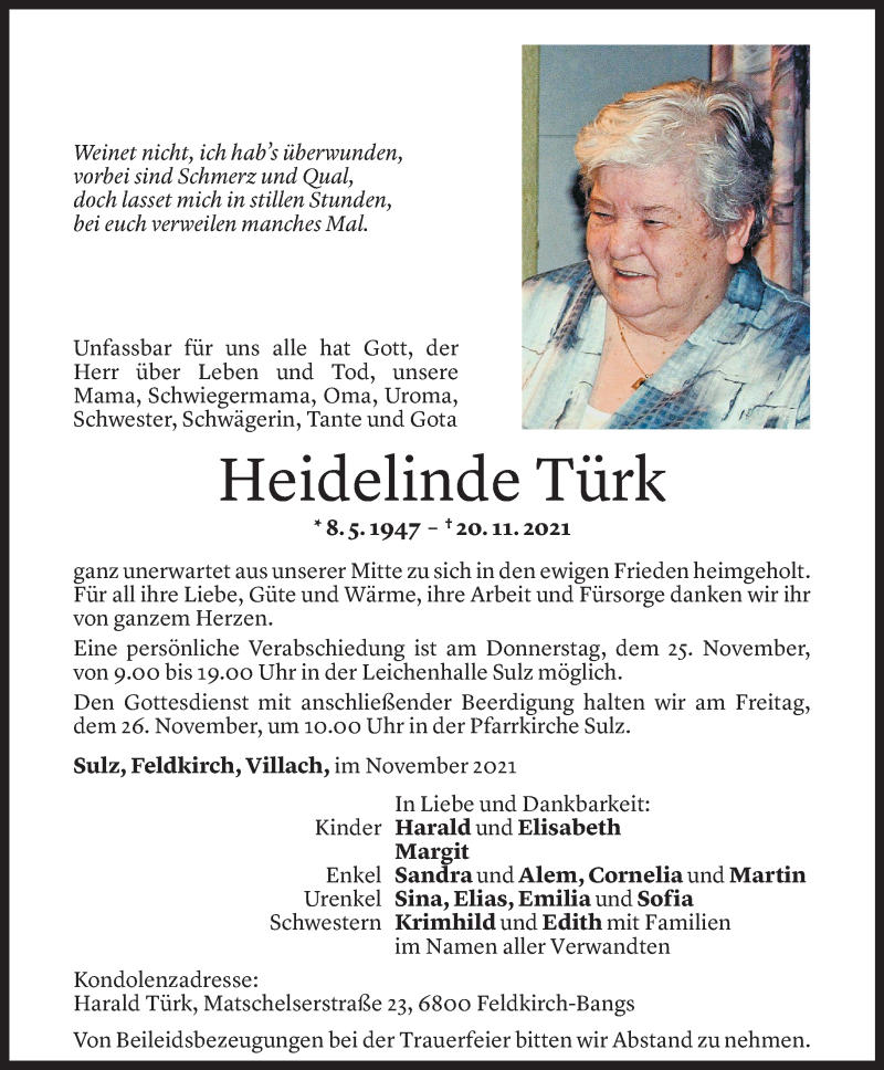  Todesanzeige für Heidelinde Türk vom 23.11.2021 aus Vorarlberger Nachrichten