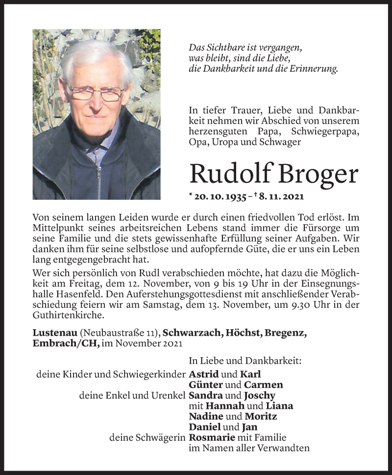  Todesanzeige für Rudolf Broger vom 09.11.2021 aus Vorarlberger Nachrichten