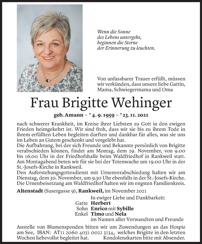  Todesanzeige für Brigitte Wehinger vom 27.11.2021 aus Vorarlberger Nachrichten