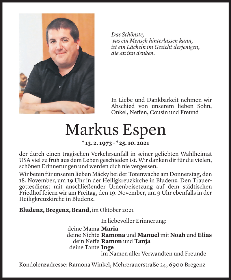 Todesanzeige für Markus Espen vom 15.11.2021 aus Vorarlberger Nachrichten