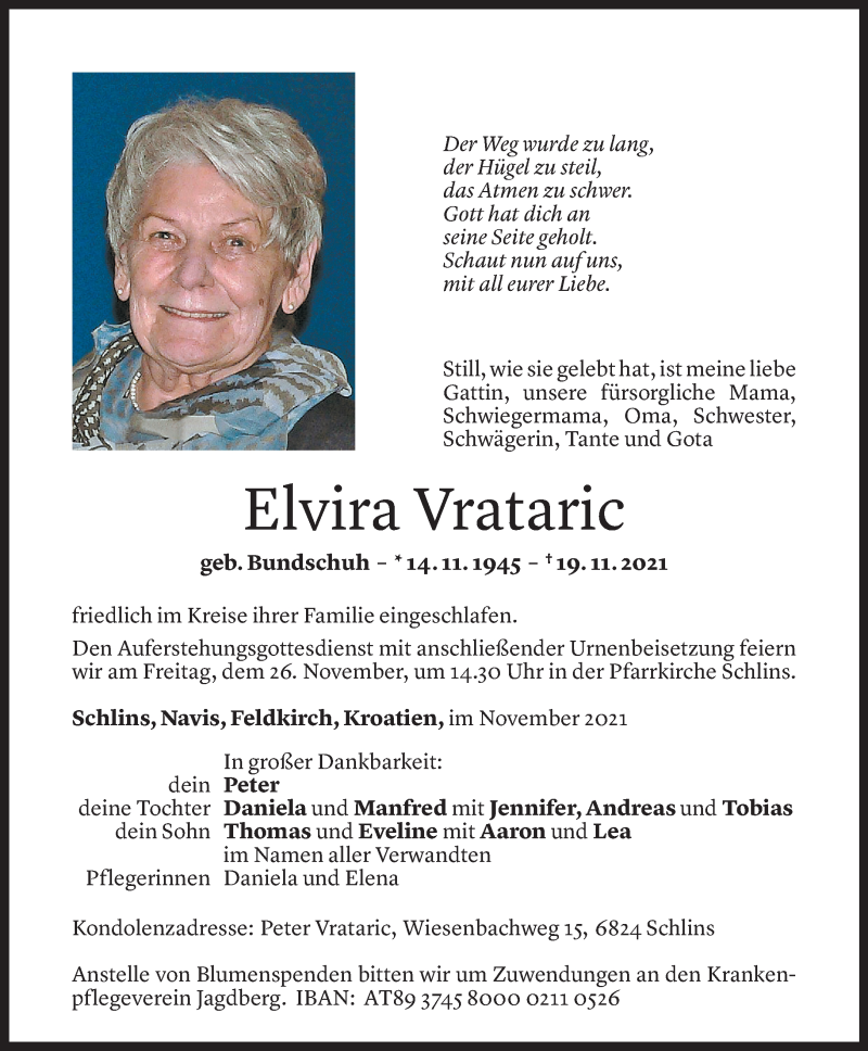  Todesanzeige für Elvira Vrataric vom 24.11.2021 aus Vorarlberger Nachrichten