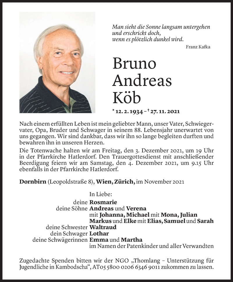  Todesanzeige für Bruno Andreas Köb vom 30.11.2021 aus Vorarlberger Nachrichten