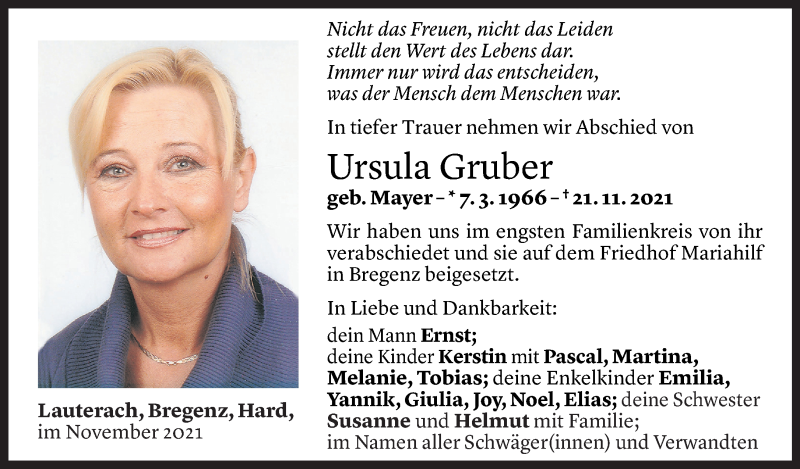  Todesanzeige für Ursula Gruber vom 27.11.2021 aus Vorarlberger Nachrichten