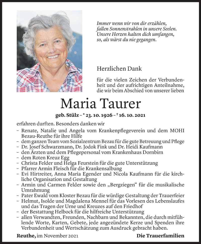  Todesanzeige für Maria Taurer vom 08.11.2021 aus Vorarlberger Nachrichten