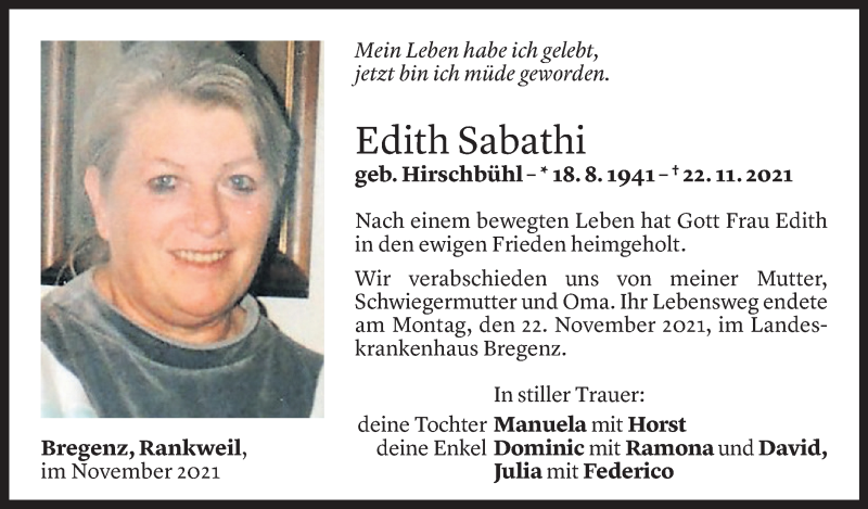  Todesanzeige für Edith Sabathi vom 26.11.2021 aus Vorarlberger Nachrichten