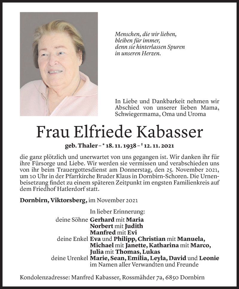  Todesanzeige für Elfriede Kabasser vom 22.11.2021 aus Vorarlberger Nachrichten