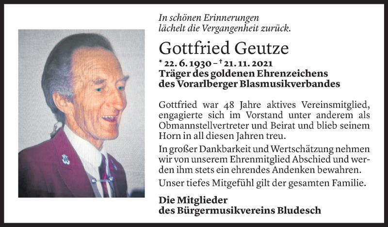  Todesanzeige für Gottfried Geutze vom 23.11.2021 aus Vorarlberger Nachrichten