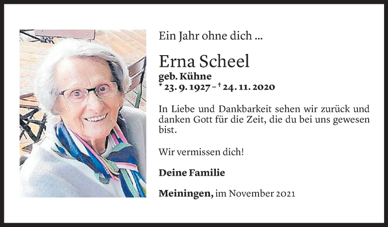 Todesanzeige für Erna Scheel vom 23.11.2021 aus Vorarlberger Nachrichten