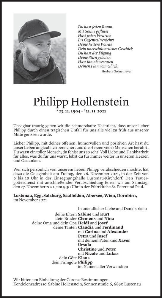  Todesanzeige für Philipp Hollenstein vom 25.11.2021 aus Vorarlberger Nachrichten
