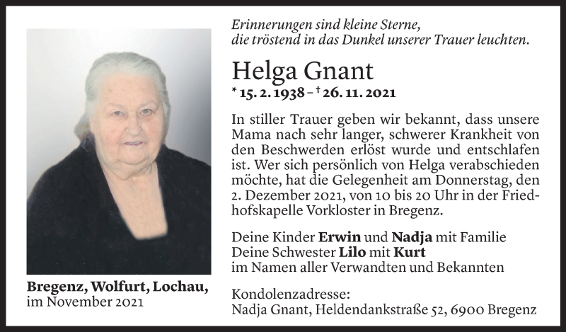  Todesanzeige für Helga Gnant vom 30.11.2021 aus Vorarlberger Nachrichten