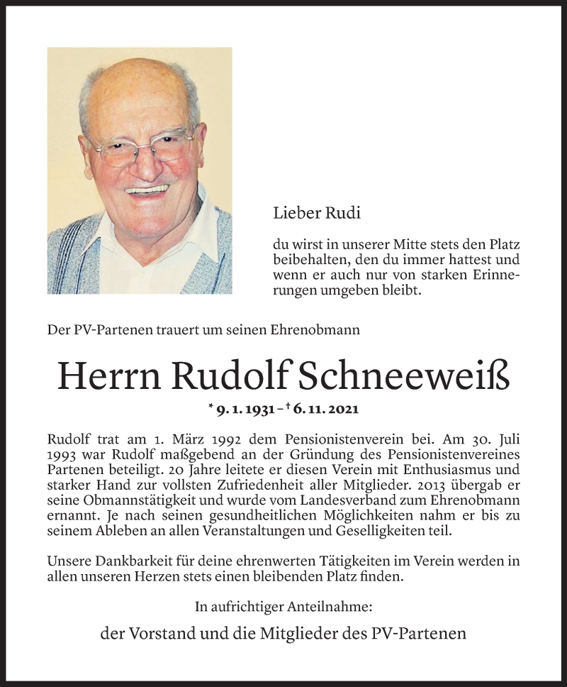  Todesanzeige für Rudolf Schneeweiß vom 09.11.2021 aus Vorarlberger Nachrichten