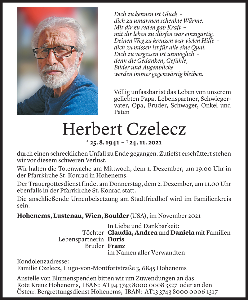  Todesanzeige für Herbert Czelecz vom 30.11.2021 aus Vorarlberger Nachrichten