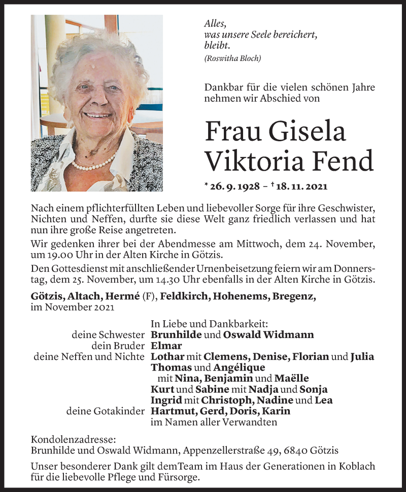  Todesanzeige für Gisela Viktoria Fend vom 23.11.2021 aus Vorarlberger Nachrichten