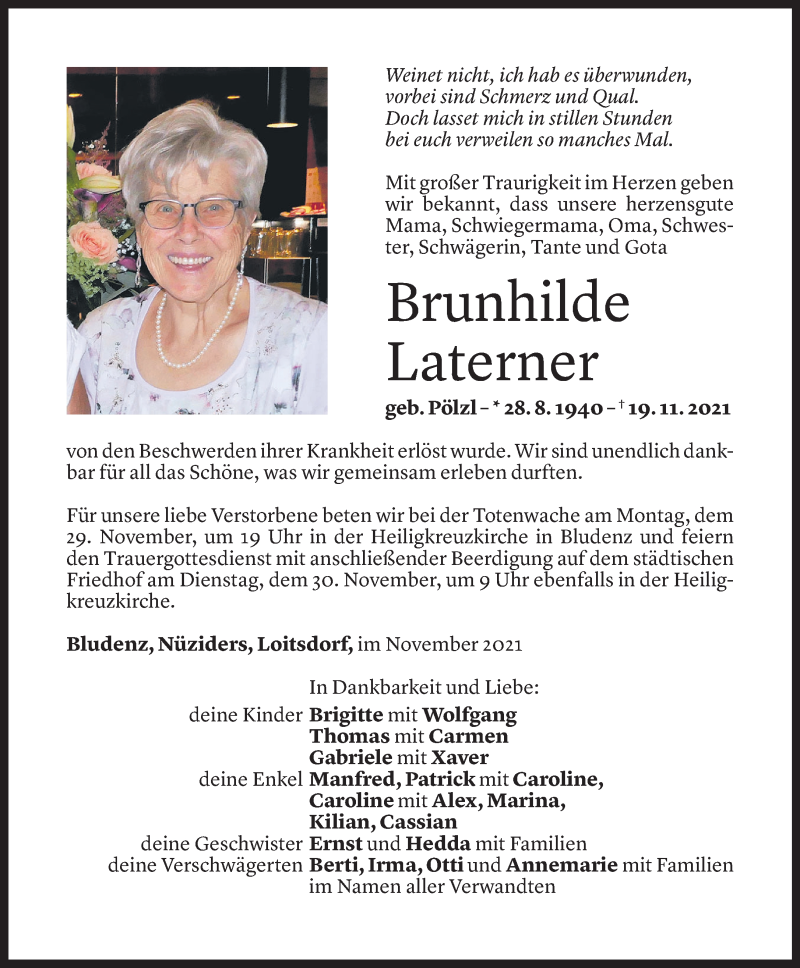  Todesanzeige für Brunhilde Laterner vom 26.11.2021 aus Vorarlberger Nachrichten