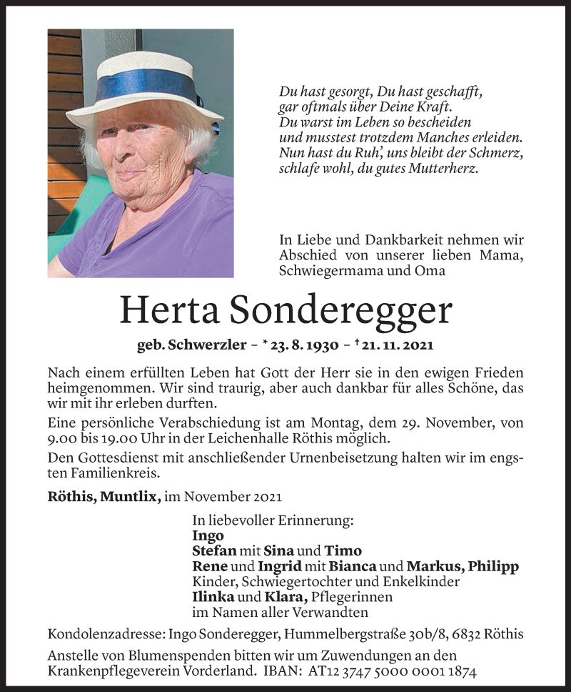  Todesanzeige für Herta Sonderegger vom 26.11.2021 aus Vorarlberger Nachrichten