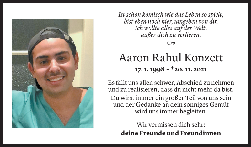  Todesanzeige für Aaron Rahul Konzett vom 27.11.2021 aus Vorarlberger Nachrichten
