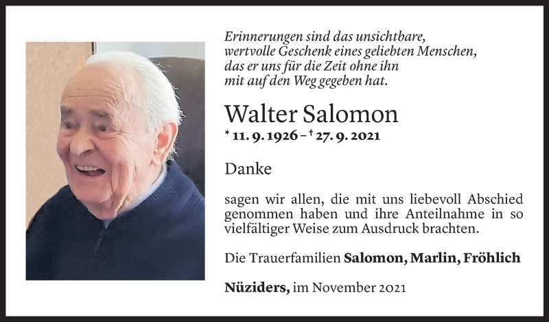  Todesanzeige für Walter Salomon vom 05.11.2021 aus Vorarlberger Nachrichten