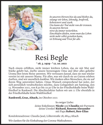 Todesanzeige von Resi Begle von Vorarlberger Nachrichten