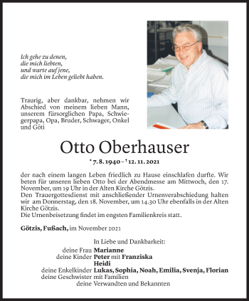 Todesanzeige von Otto Oberhauser von Vorarlberger Nachrichten