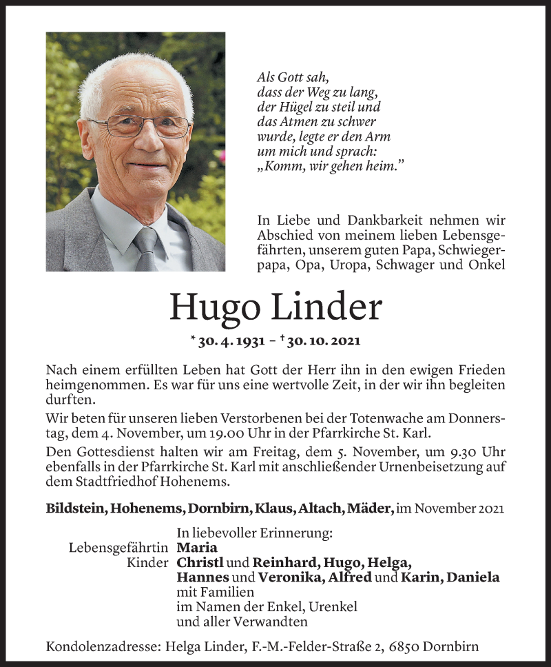  Todesanzeige für Hugo Linder vom 03.11.2021 aus Vorarlberger Nachrichten