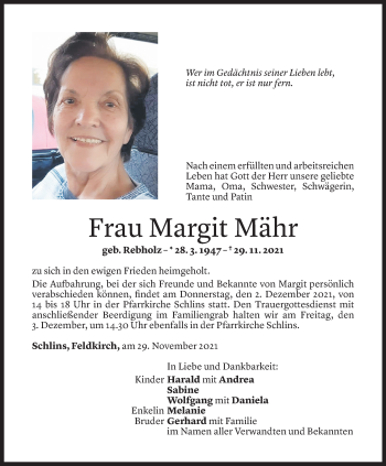 Todesanzeige von Margit Mähr von Vorarlberger Nachrichten
