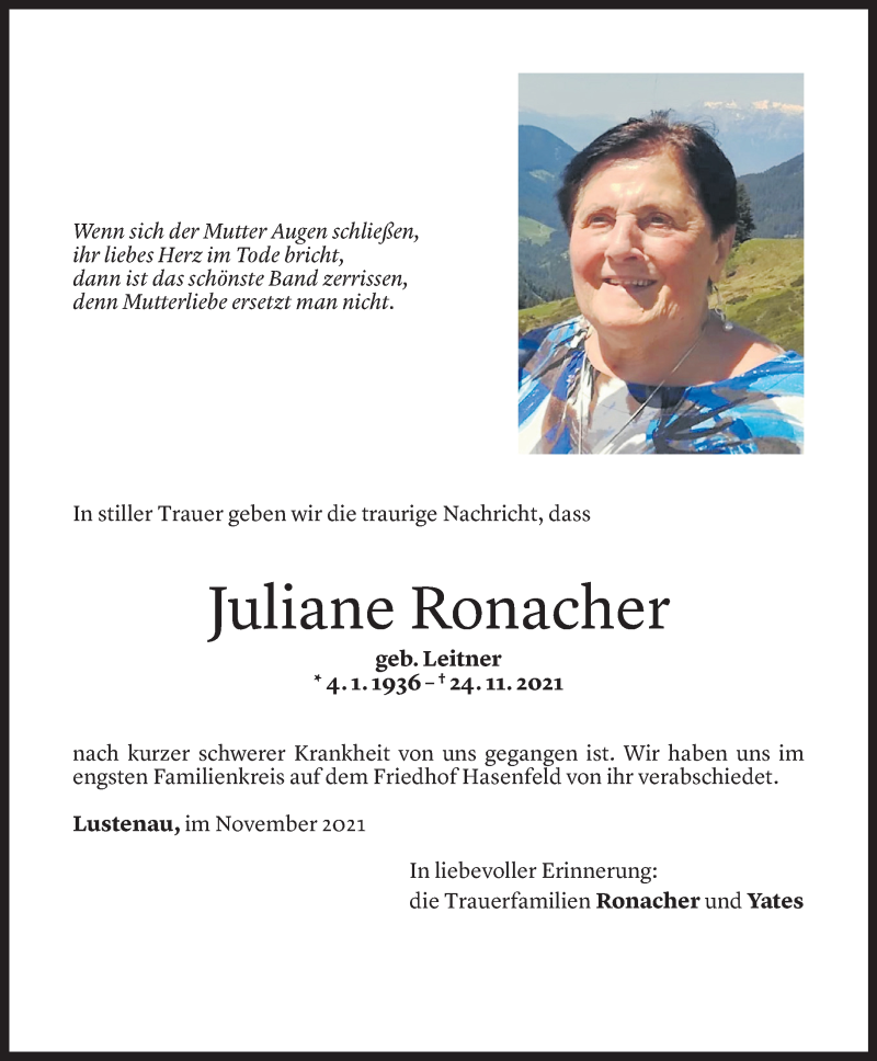  Todesanzeige für Juliane Ronacher vom 30.11.2021 aus Vorarlberger Nachrichten