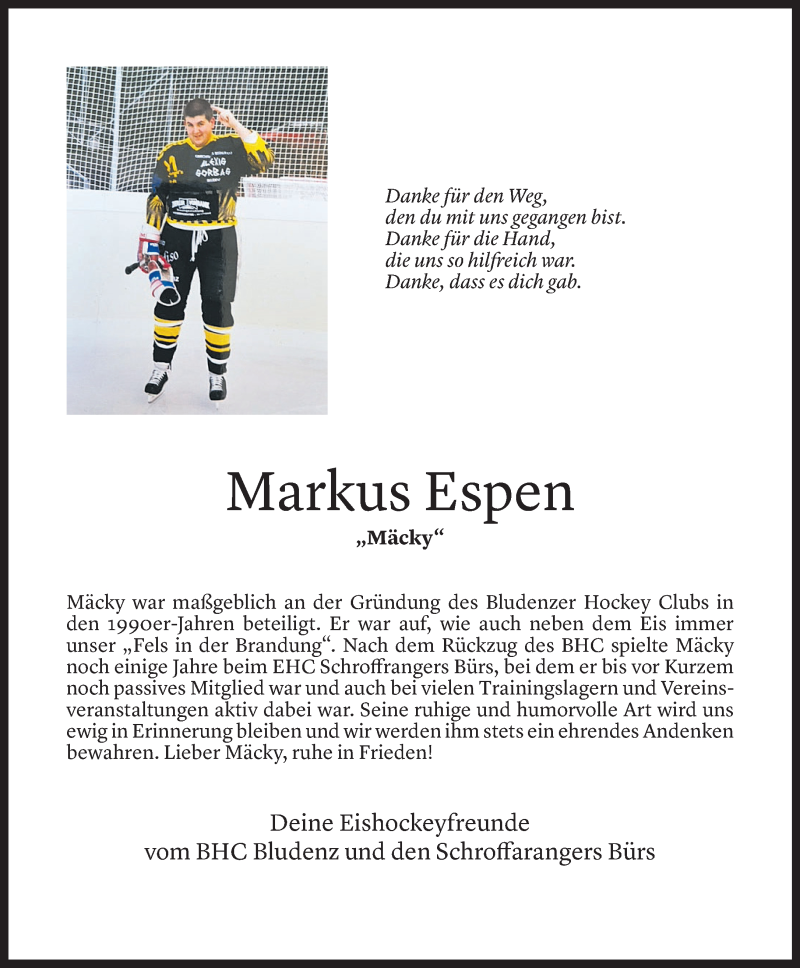  Todesanzeige für Markus Espen vom 15.11.2021 aus Vorarlberger Nachrichten