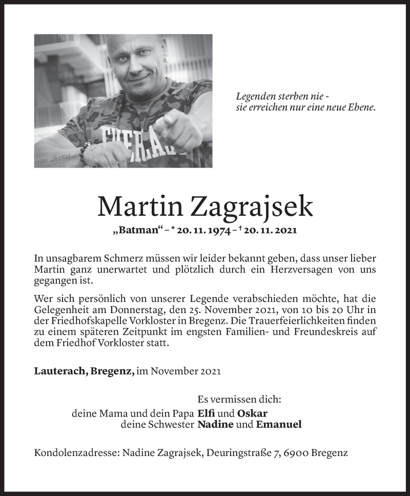 Todesanzeige für Martin Zagrajsek vom 23.11.2021 aus Vorarlberger Nachrichten