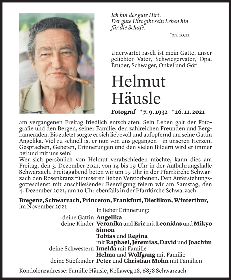  Todesanzeige für Helmut Häusle vom 29.11.2021 aus Vorarlberger Nachrichten