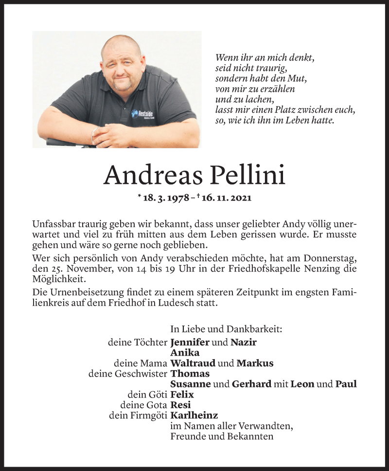  Todesanzeige für Andreas Pellini vom 23.11.2021 aus Vorarlberger Nachrichten