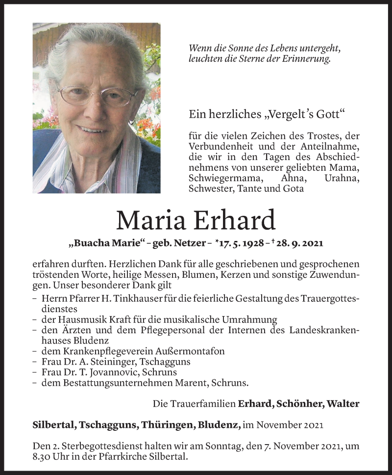  Todesanzeige für Maria Erhard vom 04.11.2021 aus Vorarlberger Nachrichten