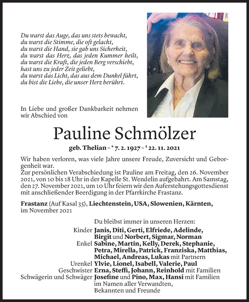  Todesanzeige für Pauline Schmölzer vom 23.11.2021 aus Vorarlberger Nachrichten