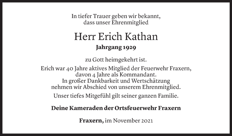  Todesanzeige für Erich Kathan vom 30.11.2021 aus Vorarlberger Nachrichten