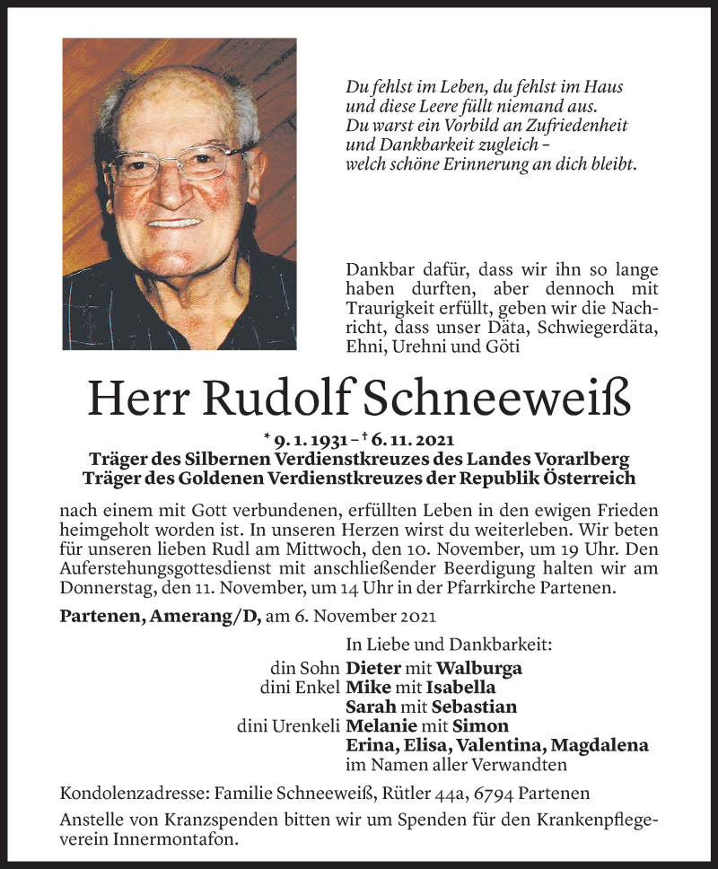  Todesanzeige für Rudolf Schneeweiß vom 07.11.2021 aus Vorarlberger Nachrichten