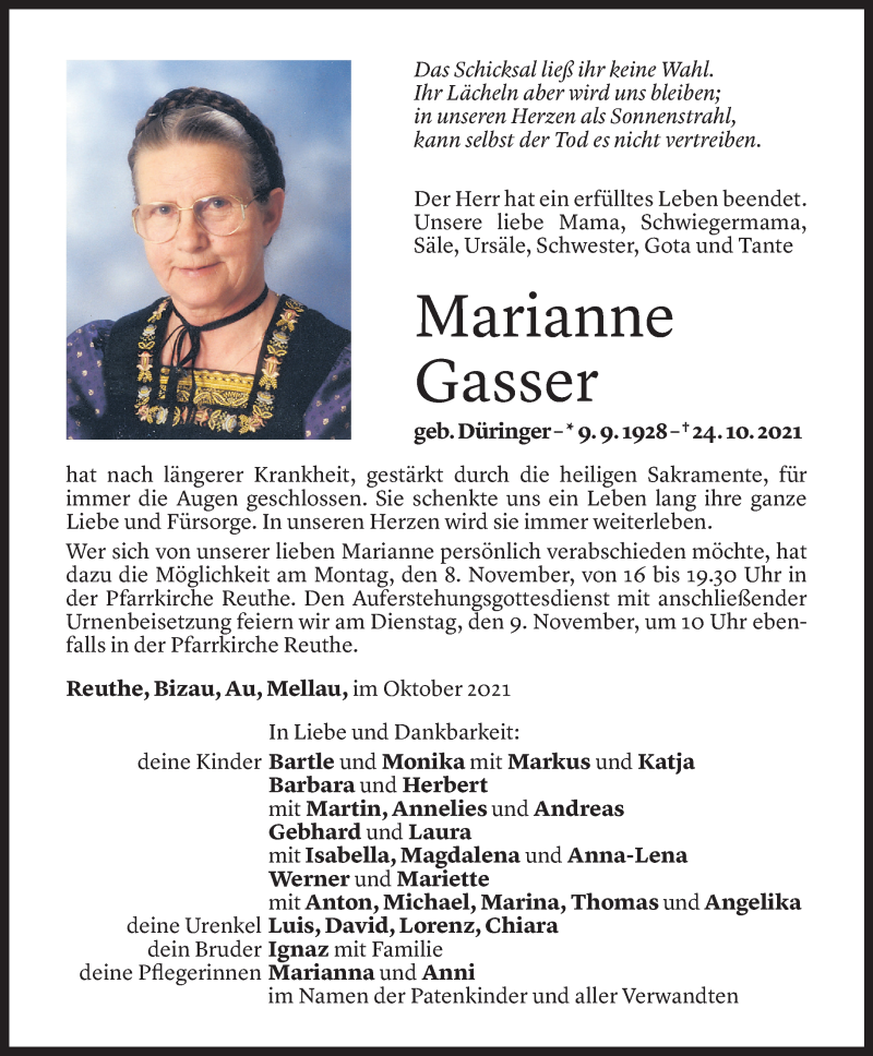  Todesanzeige für Marianne Gasser vom 05.11.2021 aus Vorarlberger Nachrichten