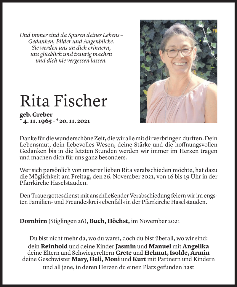  Todesanzeige für Rita Fischer vom 24.11.2021 aus Vorarlberger Nachrichten