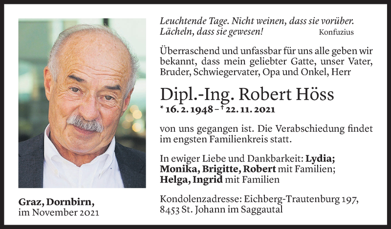  Todesanzeige für Robert Höss vom 26.11.2021 aus Vorarlberger Nachrichten